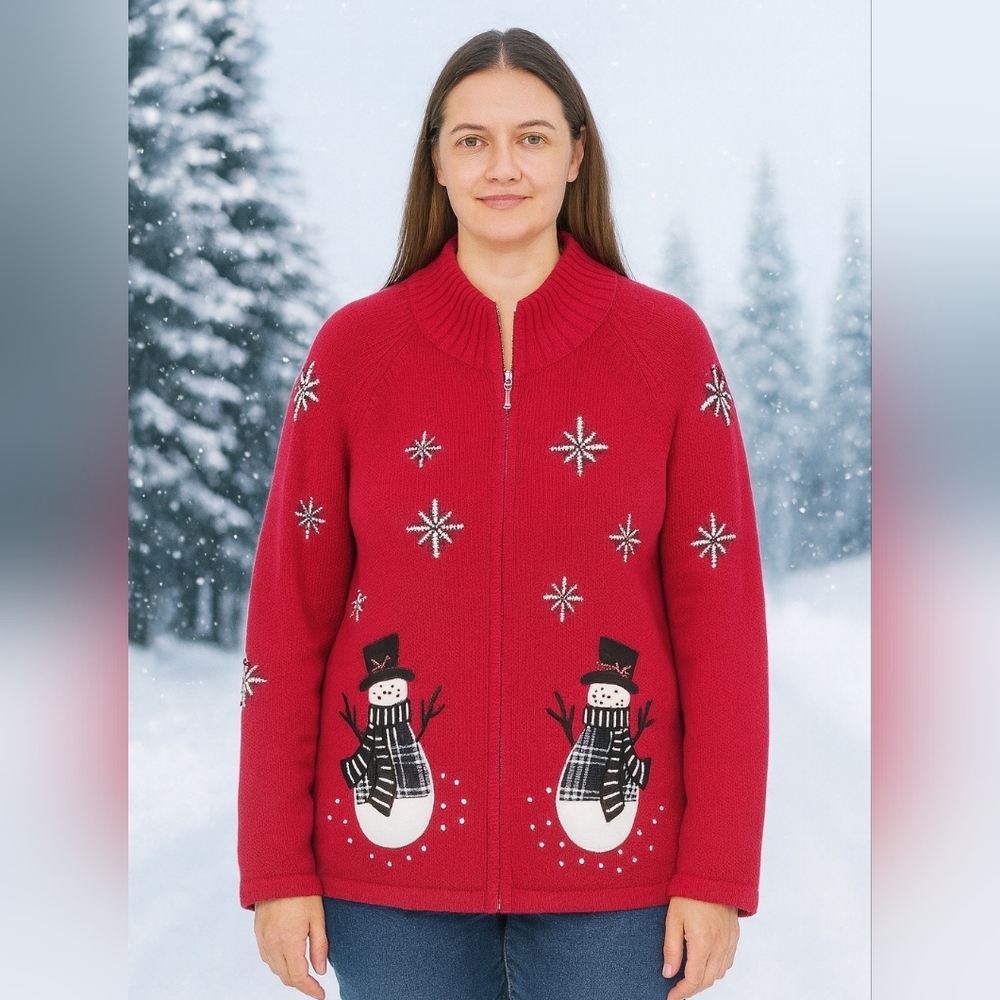 Vintage Mandal Bay Red Holiday Embroidered Beaded Snowman‎ Christmas Cardigan